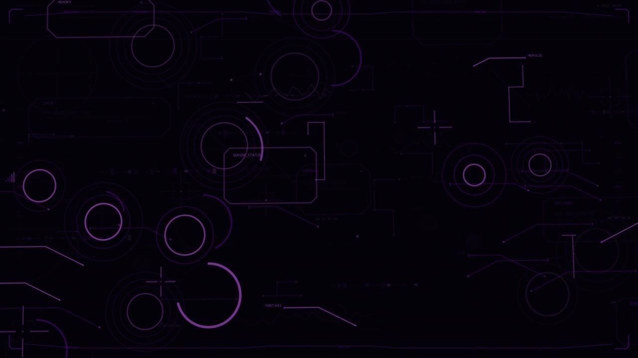 Grafica HUD che inizia con anelli tenui, archi rotanti e pulsante per mostrare dati su sfondo trasparente