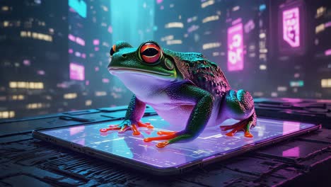 cybernetic frog on a glowing tablet in a neon city