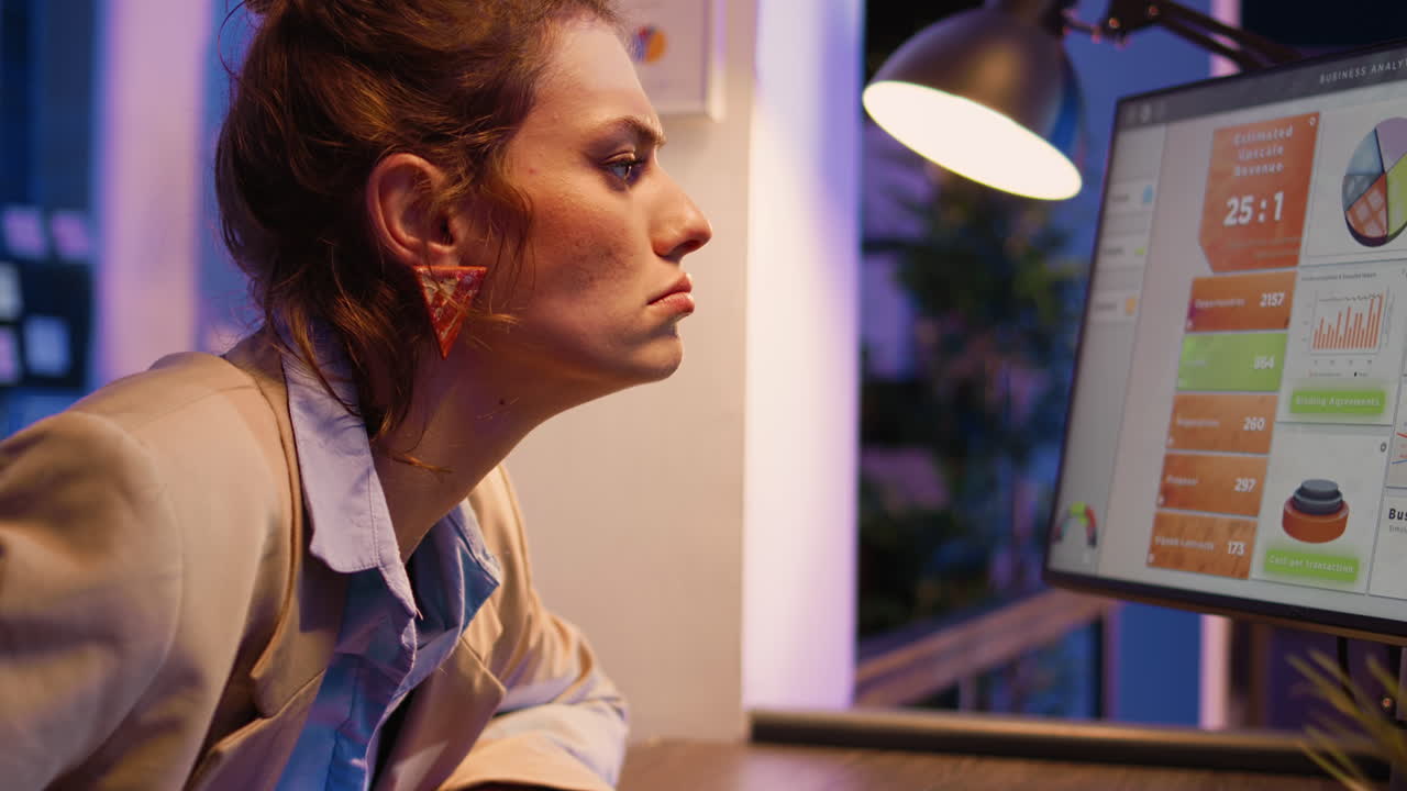 Businesswoman analyzing data on monitor in office