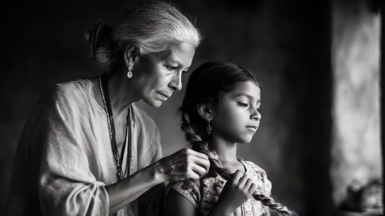 A Heartwarming Moment: An Elderly Woman Carefully Braiding the Hair of a Young Girl in a Softly Lit, Black-and-White Setting That Captures Their Unique Bond and Generational Connection