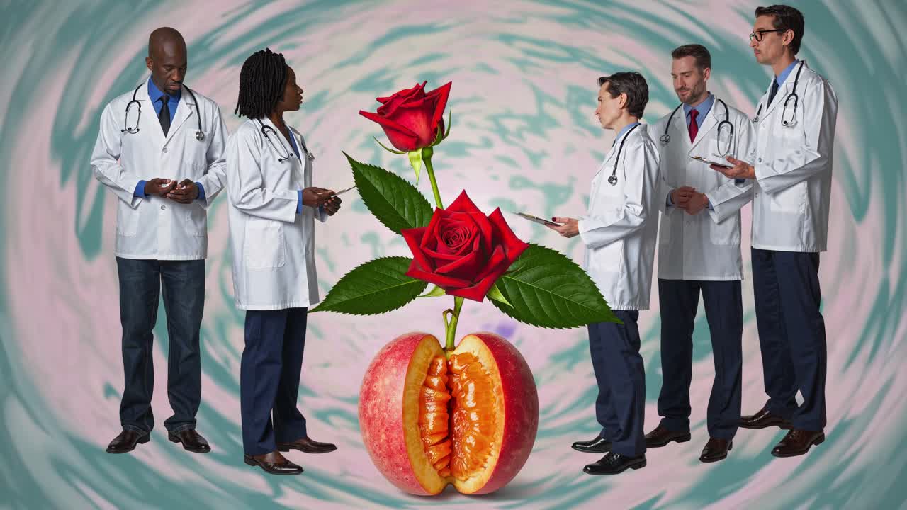 médicos discutiendo un caso de paciente con una rosa y una manzana