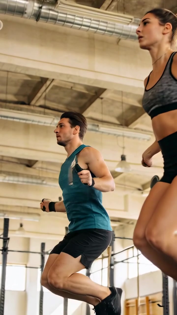 Video vertical: Hombre saltando con camiseta de tirantes verde azulado, respondiendo al movimiento de la cuerda en el gimnasio con cuerdas para cardio.