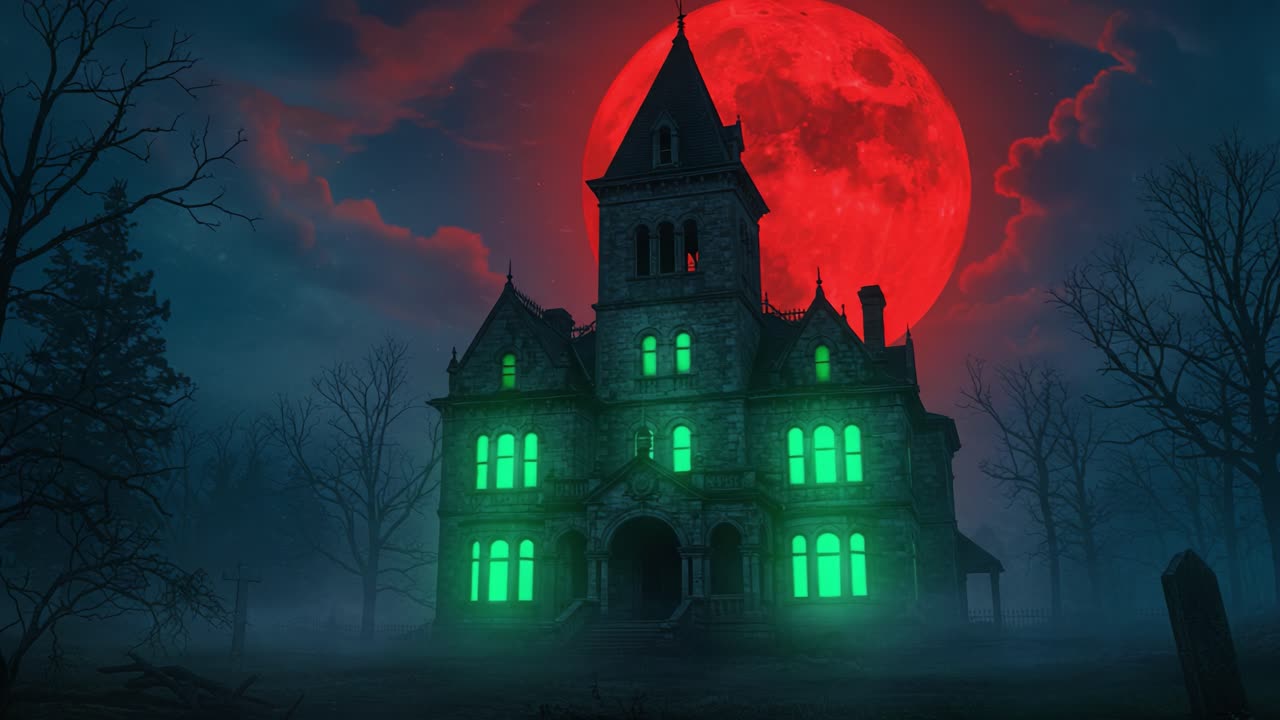 An eerie haunted mansion stands under a glowing red moon, surrounded by dark, leafless trees and an atmosphere filled with mystery and suspense