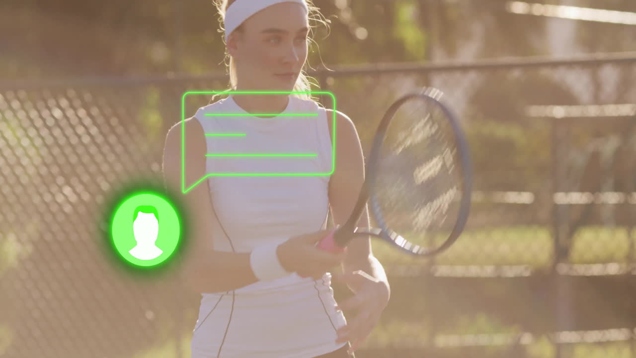 female tennis player practicing backhand on court, with tech overlay showing avatar, speech bubble