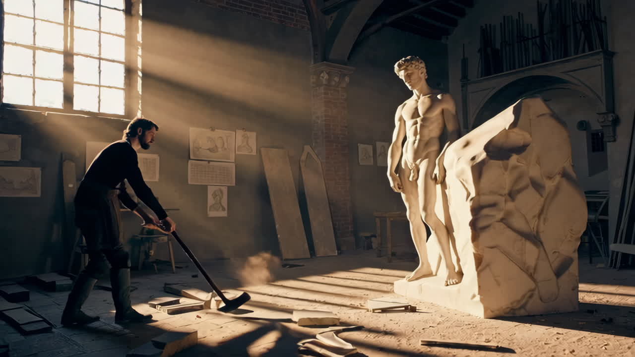 Sculptor at Work on a Classical Statue in a Historic Studio
