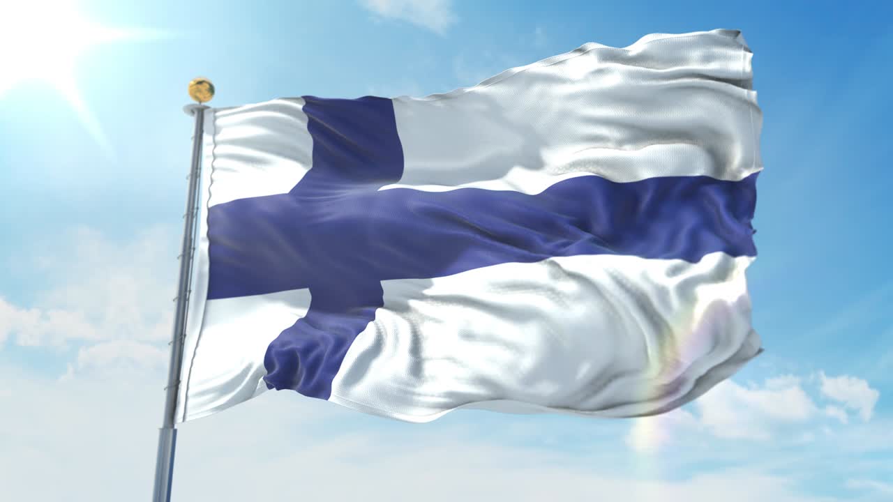 bandera de finlandia ondeando en el viento contra el cielo azul profundo. tema nacional, concepto internacional. render 3d bucle sin costuras 4k