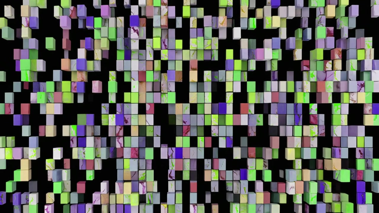 Abstract Animation of Colorful Marble Textured Cubes Forming a Grid