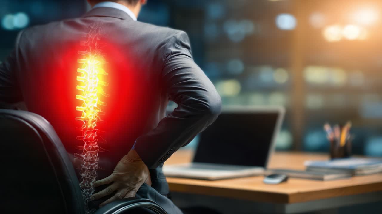 A Businessman Experiencing Back Pain in an Office Environment, Highlighted by Lumbar Spine Visualization and Emphasized Discomfort, Illustrating the Impact of Sedentary Work on Health