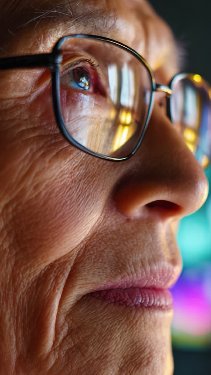 Intimate Close-Up of an Elderly Individual's Face, Highlighting Wrinkles, Expressions, and Reflections in Glasses, Capturing a Moment of Deep Thoughtfulness and Experience