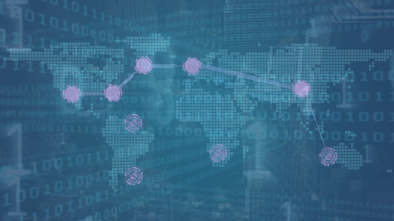 Animation of financial data processing and world map on blue background