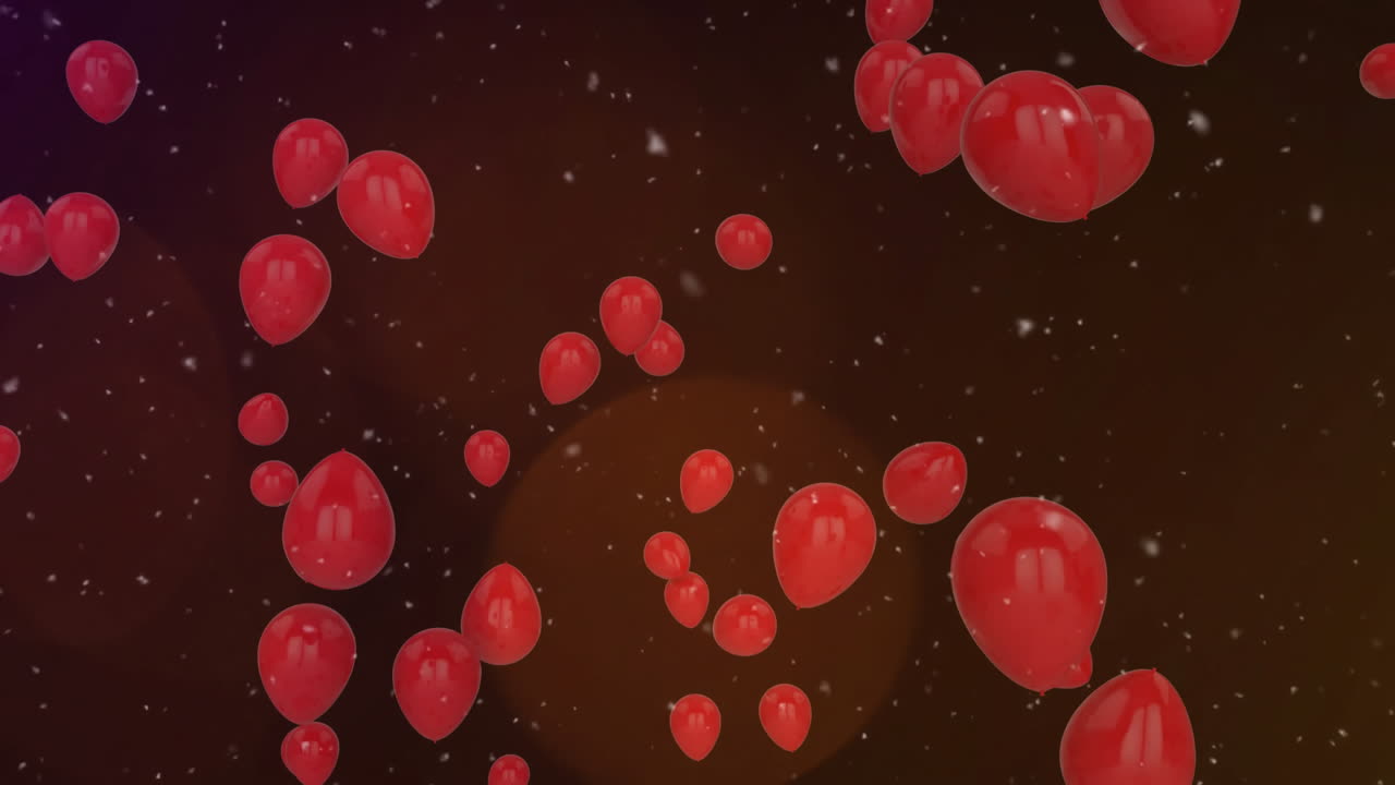 Animation of snow falling over red balloons floating and glowing light spots on black background