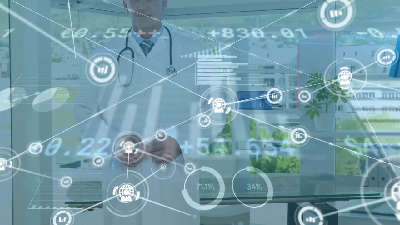 연락처 및 금융 데이터의 애니메이션 행복한 백인 고위 남성 의사