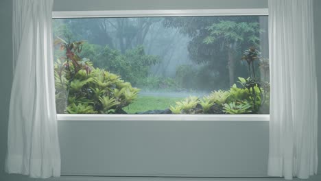 view from the window with curtains to tropical rain in forest. background plate, chroma key video background