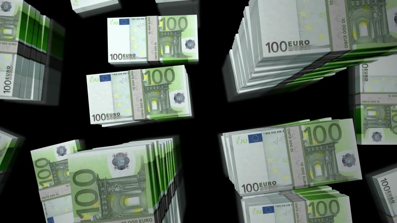 Flight over the Euro money banknote packs loop animation