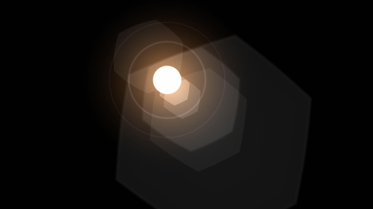 Stylized orange lens flare with hexagonal shapes moving left to right Isolated on black background for anime and sci-fi compositing