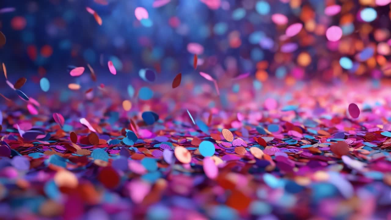Un caleidoscopio di coriandoli fluttuanti che brillano in una vivace gamma di tonalità colorate crea uno sfondo incantevole, pieno di gioia e celebrazione