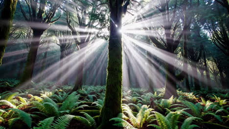 sunbeams piercing through a lush forest with ferns