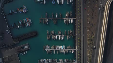 aerial top-down forward over boats moored at tazacorte harbor, la palma
