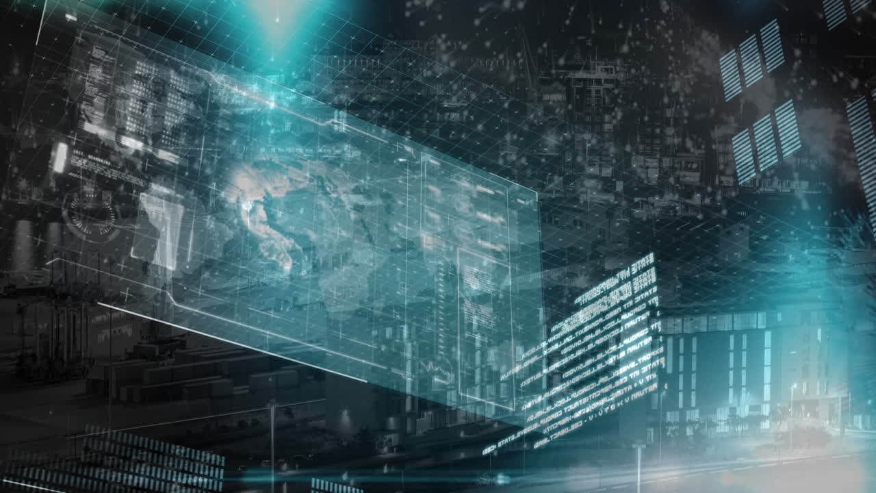 animación del globo, las barras, el lenguaje informático y las llamaradas de lentes sobre el paisaje urbano moderno en el fondo.