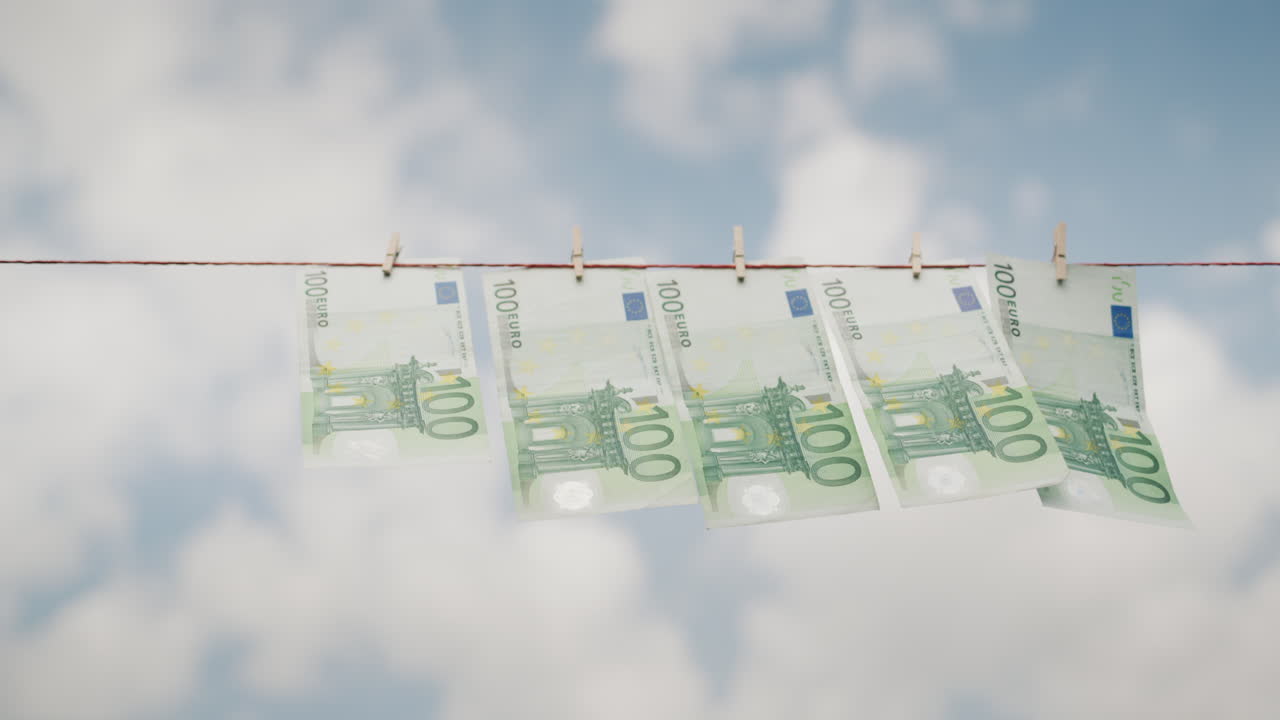 Banknoty stu euro suszą się na sznurku do bielizny na tle błękitnego nieba. Koncepcja prania pieniędzy.