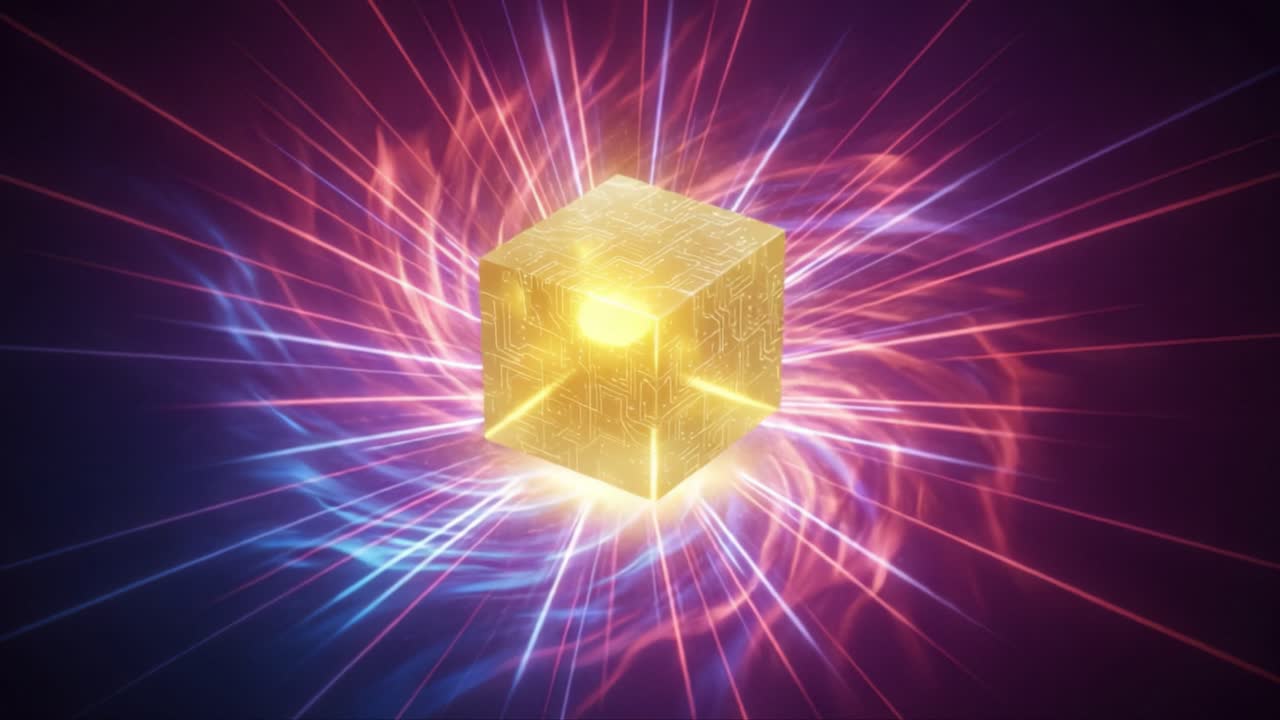 A Radiant Golden Cube Surrounded by Dynamic Energy Waves Creating a Mesmerizing Visual Experience of Light and Motion in a Cosmic Environment