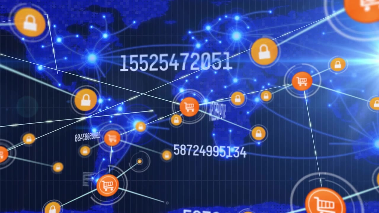 Animation of network of connections with icons and data processing over world map