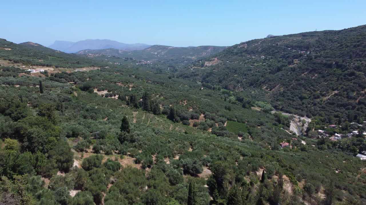 vuelo aéreo sobre el paisaje verde en las montañas de creta en un día soleado