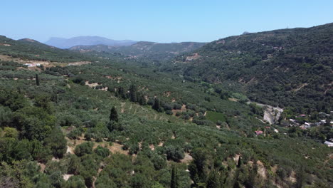 aerial flying over green landscape in mountains on crete on sunny day