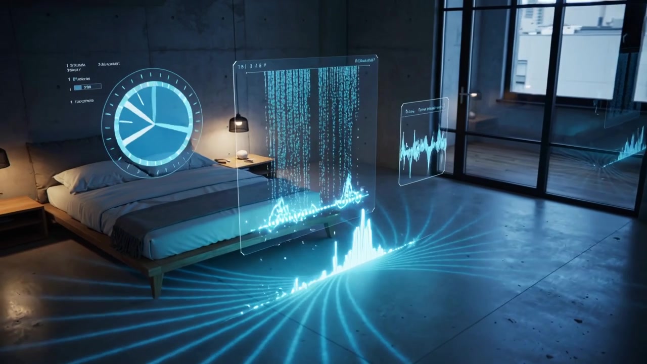 Circular blue dial appearing initiating holograms expanding across loft projecting blue data on bed