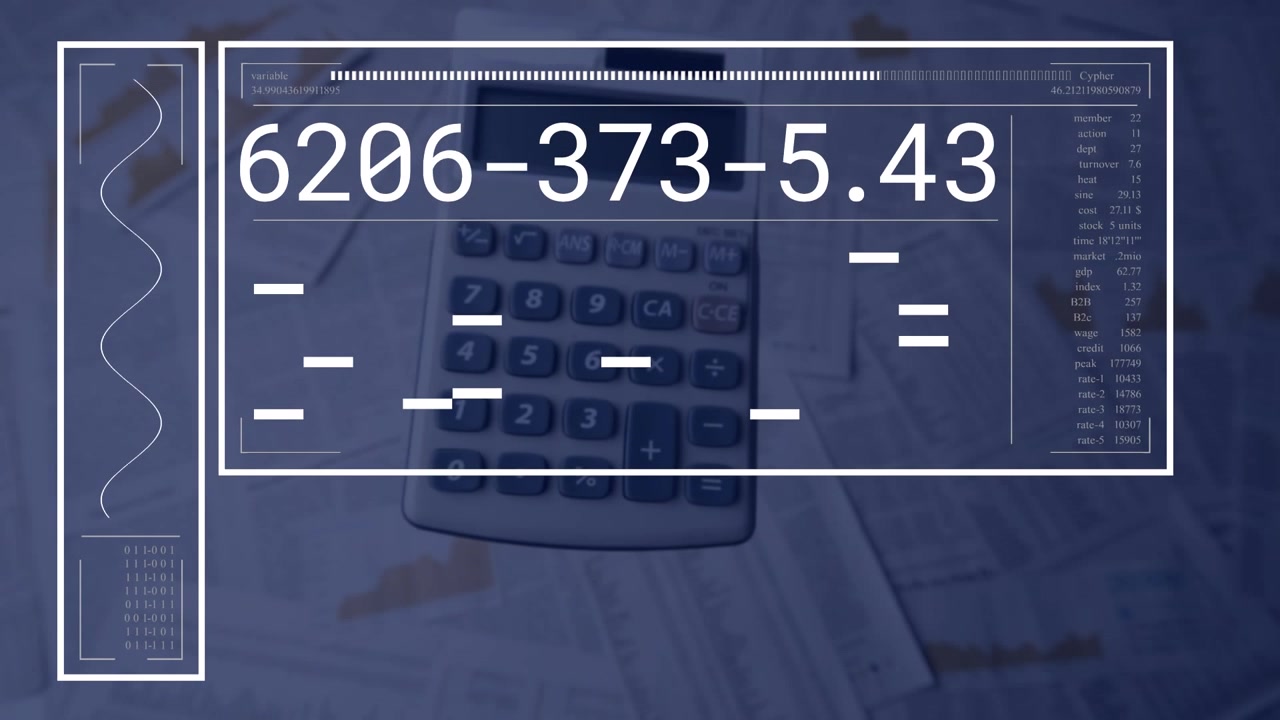 Animation of financial data processing and statistics over calculator and papers