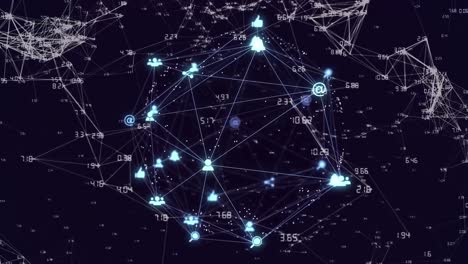 video compuesto digital de una red de conexiones con iconos que forman un globo contra un fondo negro