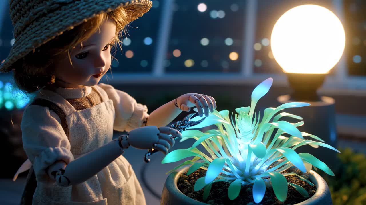 A doll tending to a glowing plant