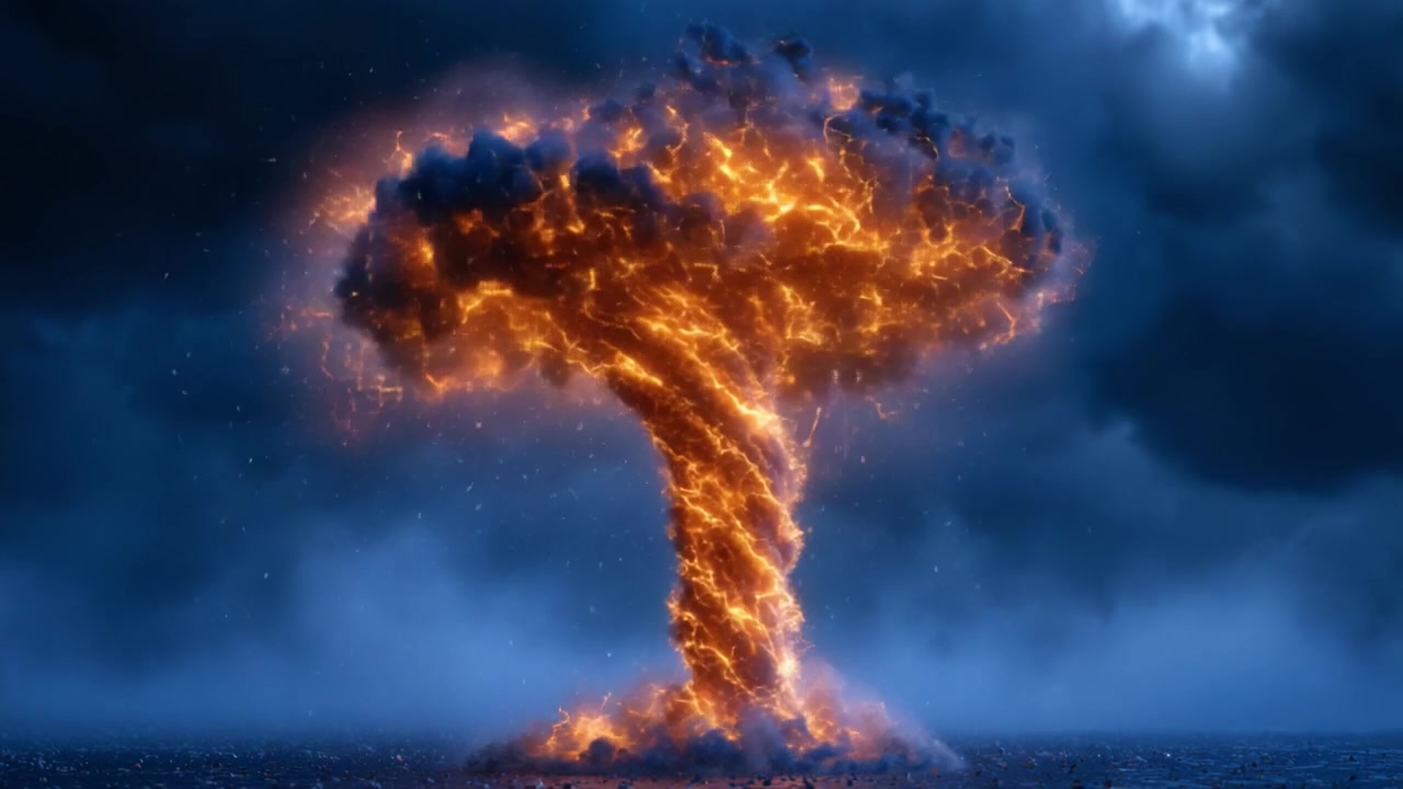Une explosion dramatique et puissante s'élève au-dessus de l'océan, créant une tempête de feu colossale qui combine l'orange ardent et les sombres nuages d'orage dans un spectacle époustouflant de la fureur de la nature