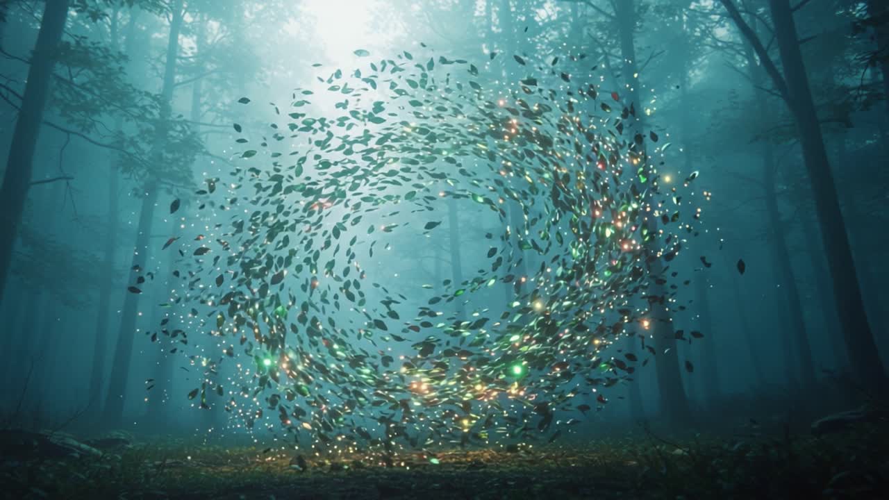 A Enigmatic Transformation: Capturing the Magical Whirl of Leaves and Light in a Mystical Forest Setting