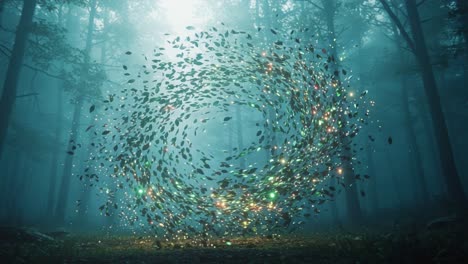 A Enigmatic Transformation: Capturing the Magical Whirl of Leaves and Light in a Mystical Forest Setting
