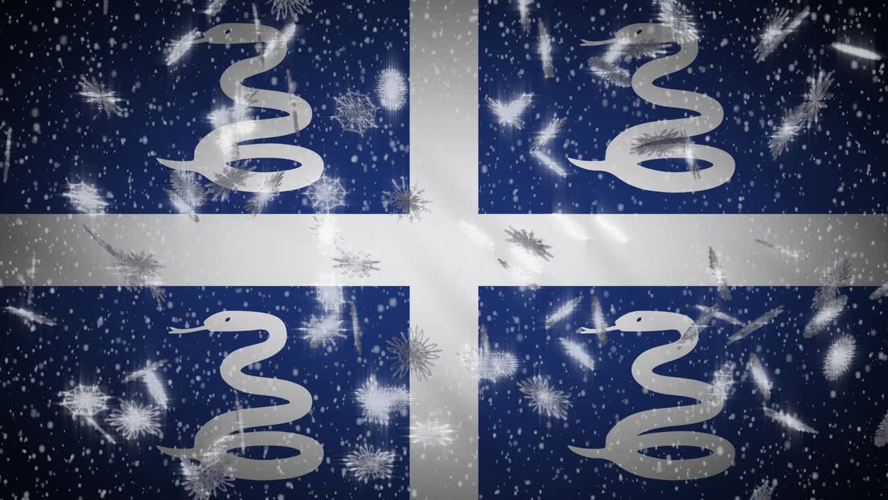 bandera de martinica caída de nieve en bucle, año nuevo y fondo de navidad, bucle