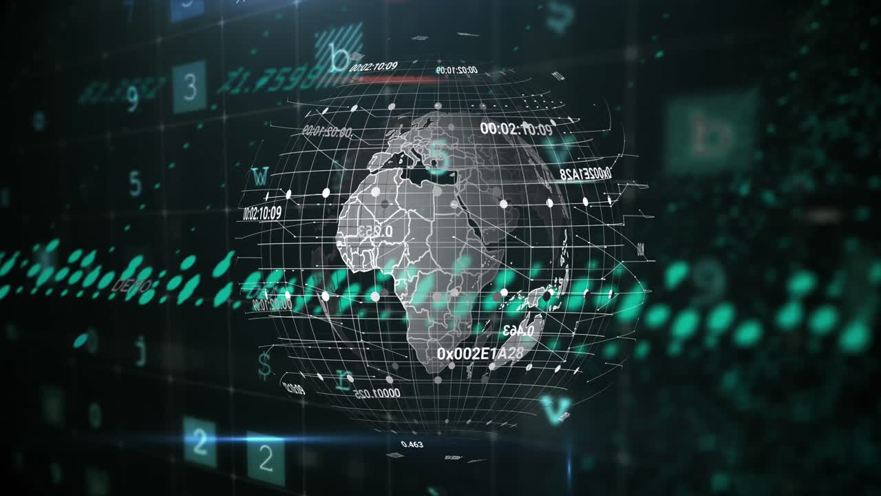 Animation of scanning, malware, numbers and globe on black background