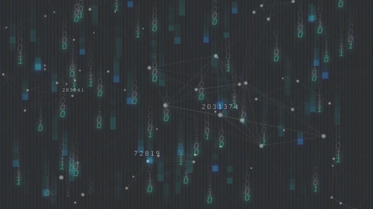 Animation of binary code and network connections forming digital data processing