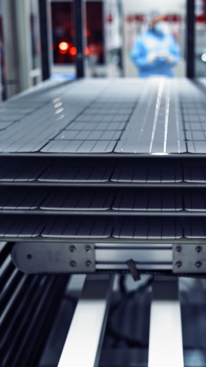 Working factory mechanism of making solar cells. Innovation technology concept. Vertical video
