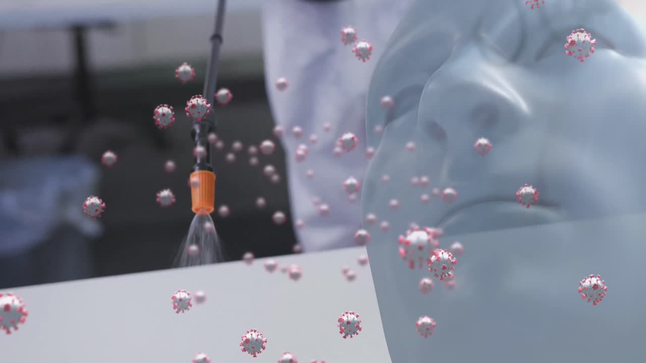 인간 머리 모델과 인간 위생 표면 위의 바이러스 세포의 애니메이션