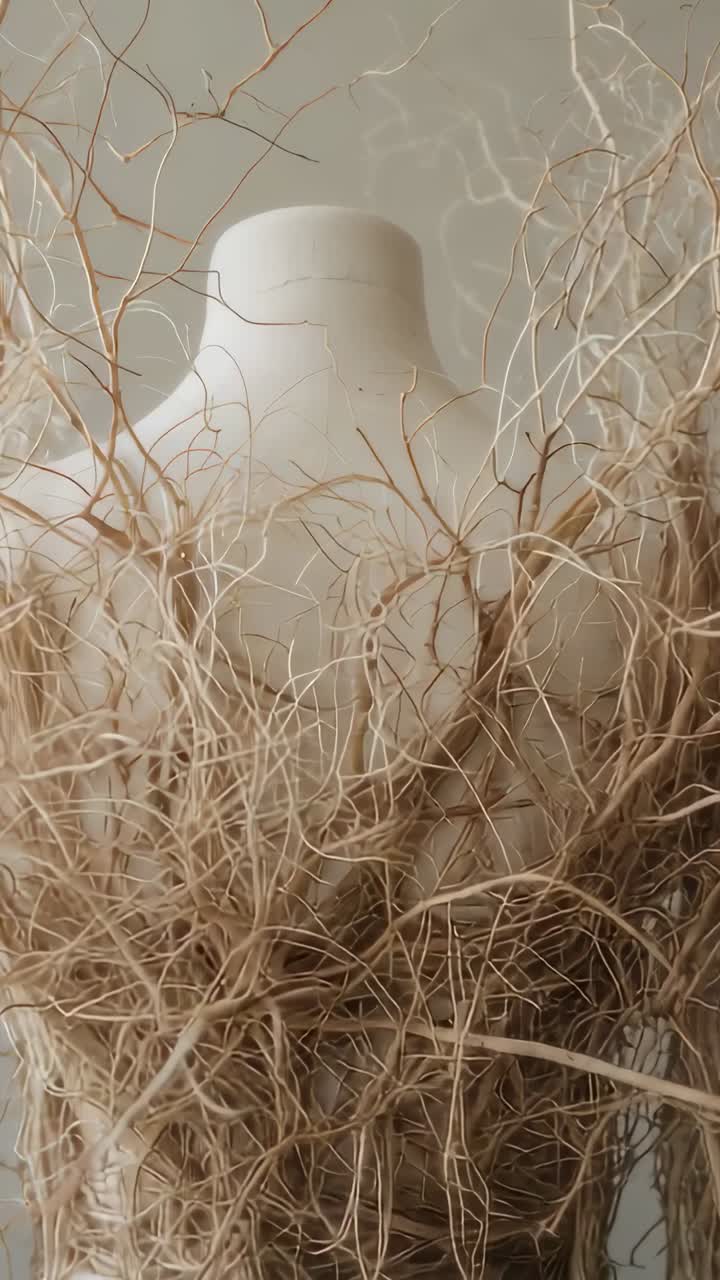 Video verticale: cambio di camera che rivela il busto di un manichino in studio, che mostra rametti pallidi per la texture
