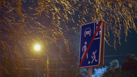 Traffic signpost under tree branches with glistening light in background during dusk. Illuminated by warm yellow streetlight, surrounded by bare branches reflecting light