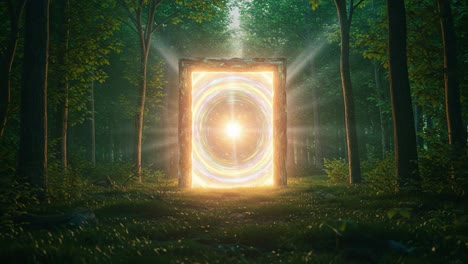 an enigmatic portal illuminating the serene forest landscape, inviting exploration and wonder with a mesmerizing radiance in a natural setting