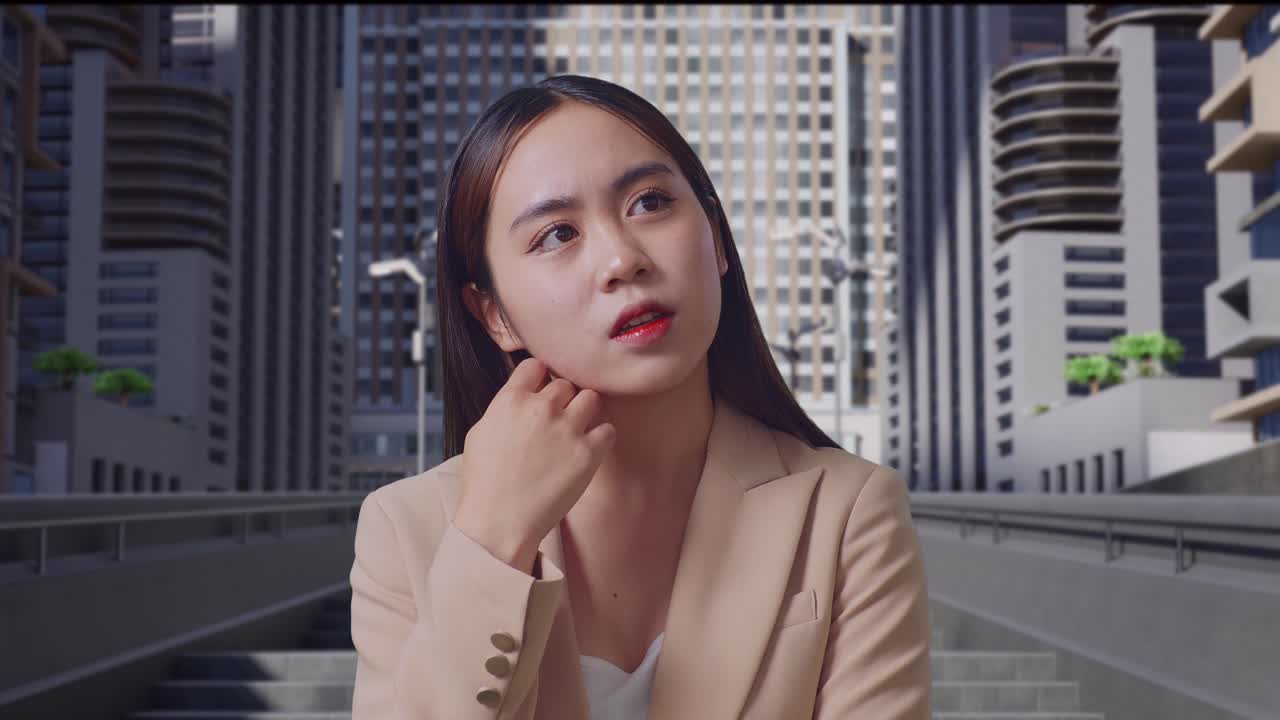Close Up Of Asian Business Woman Thinking About Something And Looking Around On The City Street