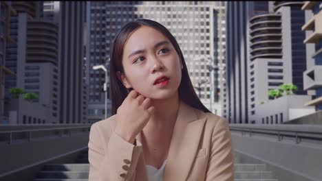 아시아 사업가 여성이 무언가에 대해 생각하고 도시 거리에서 주변을 둘러보고 있습니다.