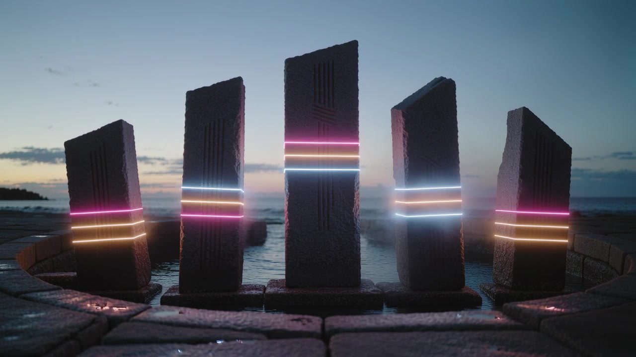 Pulsing five slate pillars showing neon bands on sea base as dusk deepening, reflecting wet paving