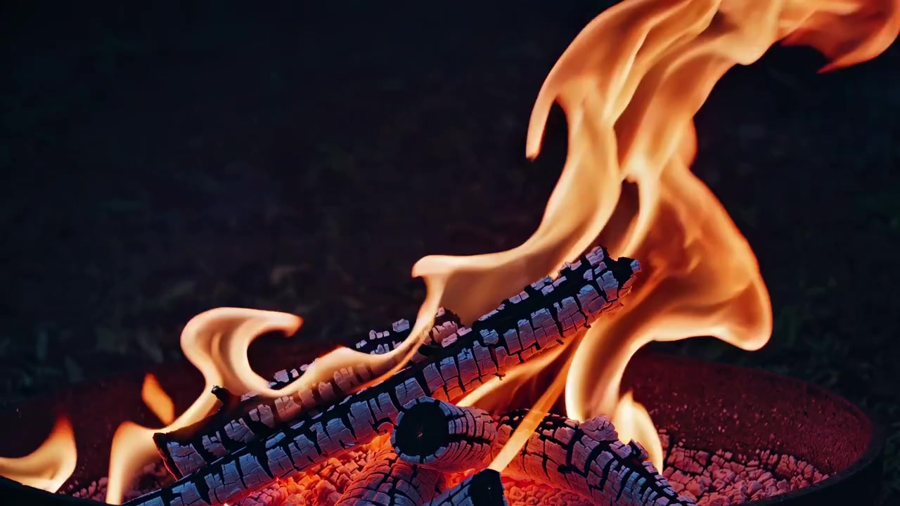 Close Up of Campfire Flames and Burning Wood in a Fire Pit at Night