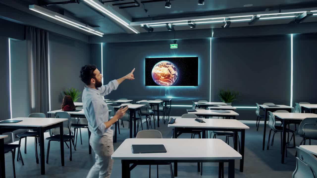 Teacher pointing at a holographic projection of Earth in a modern classroom.