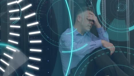 hombre sentado y 5g escrito en el medio de un círculo futurista