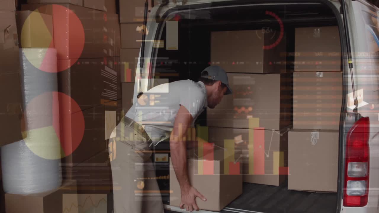 통계 및 금융 데이터 처리의 애니메이션 배달 남자와 밴